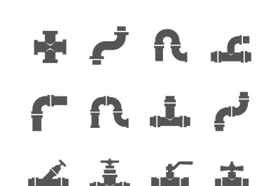 Valve, taps, pipe connectors, details vector icons set