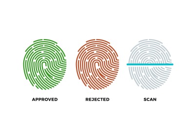 Fingerprint thumbprint vector icons set. Approved, rejected and scan s