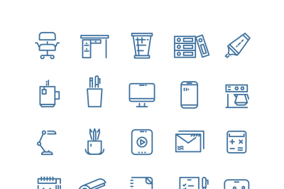 Office workspace thin line vector icons