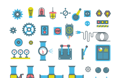 Machinery parts flat vector icons