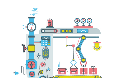 Robotic industrial abstract machine, machinery in vector flat style