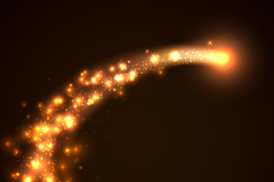 Gold falling star with glittering dust trail and sparkling particles. 