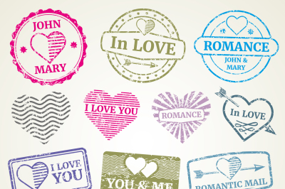 Romantic postage stamp vector set for wedding and Valentines Day post 