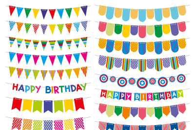 Colorful bunting flags and garlands. Birthday party vector decoration