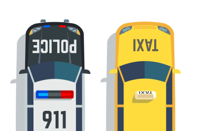 Police and taxi cars top view vector set