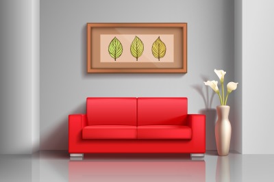 Realistic red sofa and flowerpot in living room interior vector illust