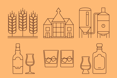 Whisky line icons set. Process and industry outline vector symbols