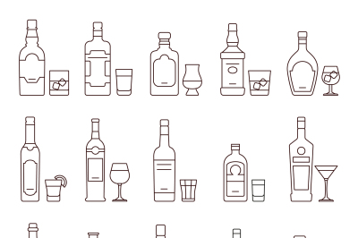 Alcohol drink beverages outline icons, bottles and glasses thin line s