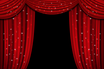 Red open curtain with glittering lights. Vector background