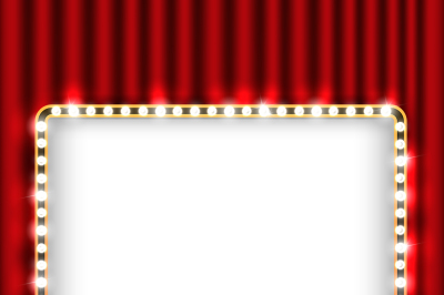 Theater scene with red curtain and sign gold frame