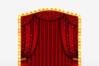 Stage curtain in shining banner with golden frame vector illustration