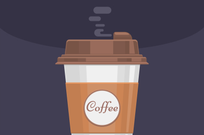 Disposable takeaway paper coffee cup in flat vector style