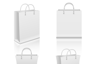 White realistic blank paper shopping bags vector set