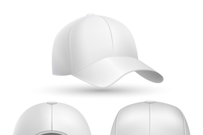 Realistic baseball cap front&2C; side&2C; back views set. Stock vector illus