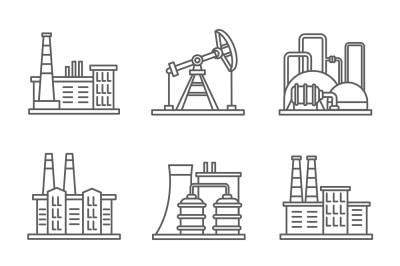 Heavy industry power plant and factory thin line vector icons