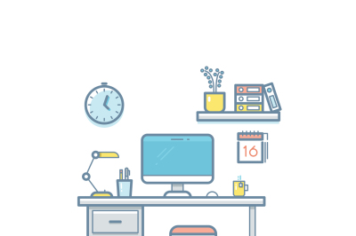 Workspace with computer, vector interior