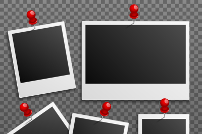 Photo polaroid frames on wall attached with pins. Vector set