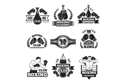 Monochrome labels set for boxing championship. Illustration of gloves 