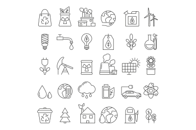 Eco symbols in mono line style. Industrial and ecology pictures set