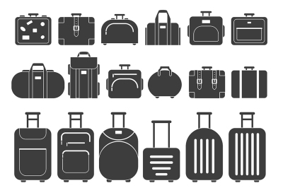 Vector monochrome pictures of suitcases and handbags