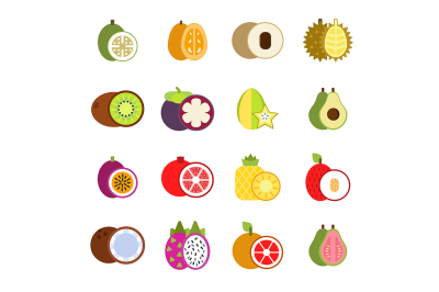 Guava, mango and others illustrations of tropical fruits in flat style