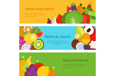 Horizontal banners with flat illustrations of healthy fruits and veget