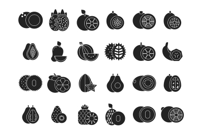 Vector monochrome illustrations of different tropical healthy fruits