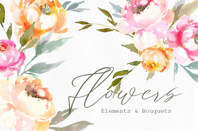 Watercolor flowers &amp; Bouquets Pink Yellow Green