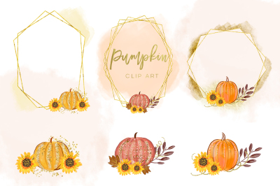 Autumn Graphic Set, Pumpkins Clipart, Geometric Watercolor Pumpkin 