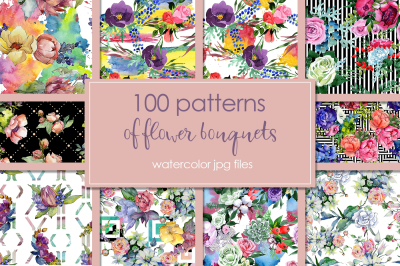 100 patterns of flower bouquets JPG watercolor set