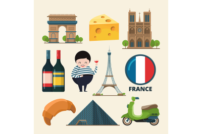 Collection set of france landmarks. Vector icon set in cartoon style