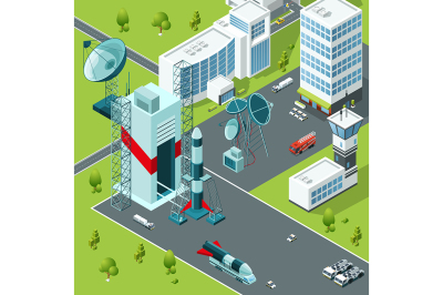 Launch pad of the spaceport. Isometric buildings