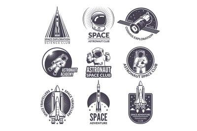 Monochrome illustrations of space shuttle and astronauts for labels