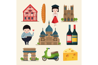 French landmarks. Vector illustrations in cartoon style