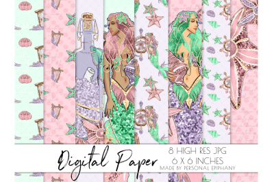 Mermaid Digital Paper, Glitter Mermaid Pattern, Scrapbooking