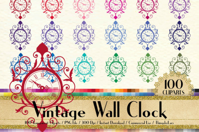 100 Vintage Wall Clock Clip Arts, European Decor Clip Arts