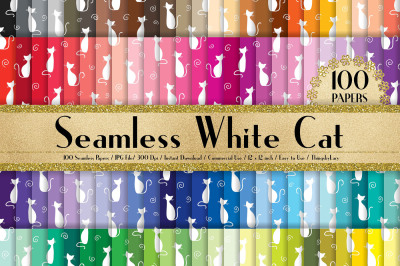 100 Seamless White Cat Pattern Digital Papers 12 x 12 in