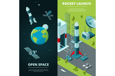 Vertical banners with pictures of space travel and launch pad in space