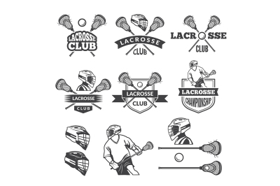 Labels of lacrosse club. Vector monochrome pictures set