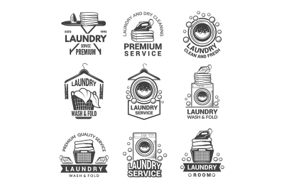 Labels or logos for laundry service. Vector monochrome pictures