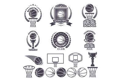 Sport logos with basketball monochrome pictures