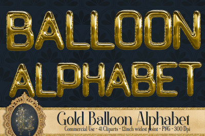 41 Gold Balloon Alphabet Clip arts, Luxury Party Alphabet