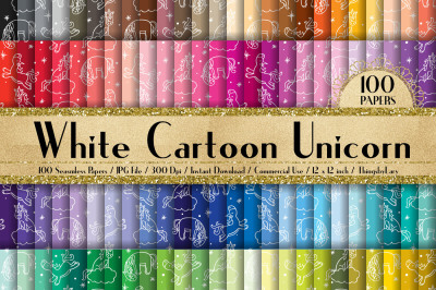 100 Seamless White Cartoon Unicorn Digital Papers 12 x 12 in