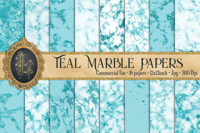 16 Teal Marble Digital Papers, Glitter Marble, Foil Marble