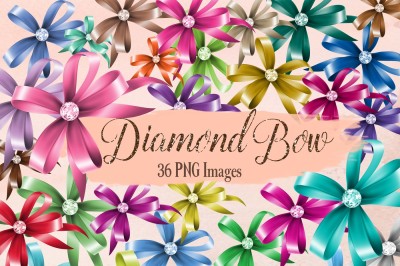 36 Bow with Diamond Clip Arts, Princess Shiny Bow, Satin Bow