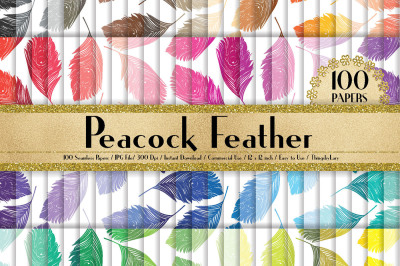 100 Seamless Peacock Feather Digital Papers 12 x 12 in