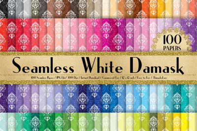 100 Seamless White Damask Papers Digital Papers 12 x 12 in