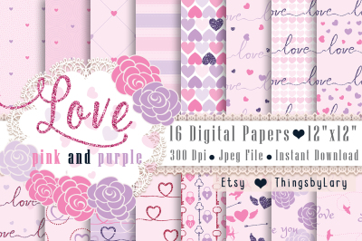 16 Seamless Pastel Pink and Purple Valentine Digital Papers
