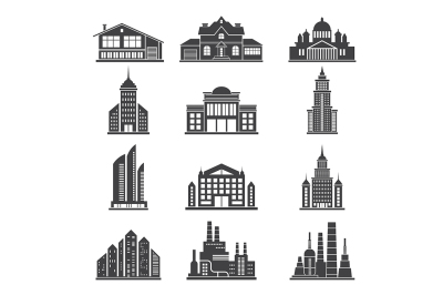 Monochrome silhouettes of different modern buildings 