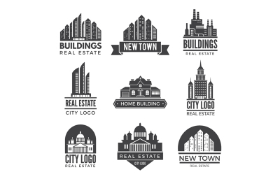 Labels or logos with pictures of different modern buildings